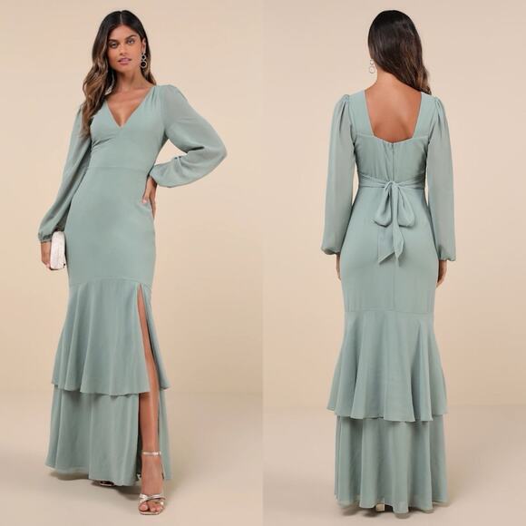 Lulus Dresses & Skirts - Lulus Tier Elegance Dress Women's Sage Brush Maxi Long Sleeve Tiered NWT L